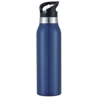 Dark Blue Stainless Steel Double Wall Vacuum Insulated Thermo Drink Bottle with Straw