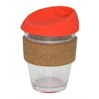 Reusable Eco Cup Glass Karma Kup Red Lid Cork Band (G1945) 12oz/340ml