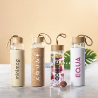 Glass Drink Bottles with Bamboo Lid & Cork Pouch